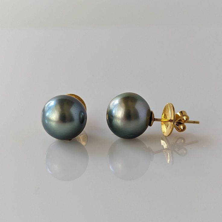 13-14mm Tahitian Pearl Stud Earrings - Marina Korneev Fine Pearls Tahitian Pearls, Pearl Stud Earrings, Pearl Size, Pearl Studs, Light Green, Jewelry Collection, Yellow Gold, Stud Earrings, Silver