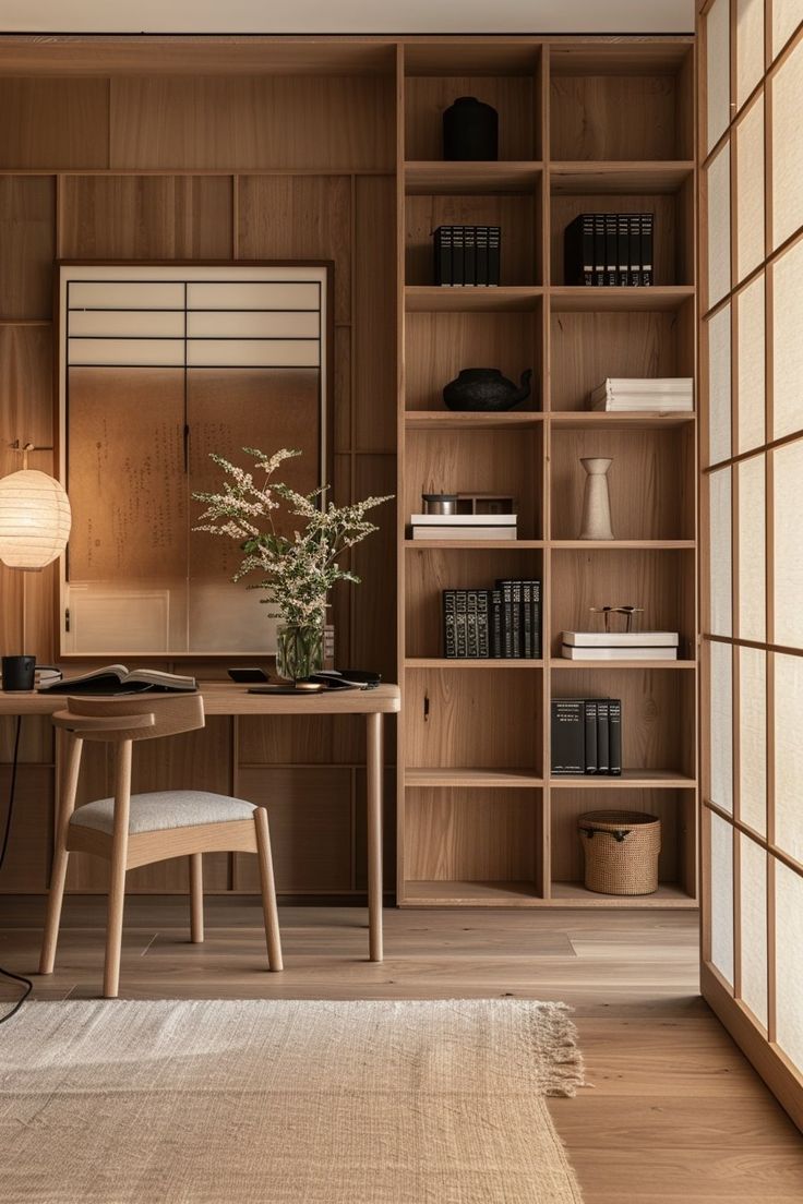 a room with wooden shelves, a desk and chair next to a plant in a vase