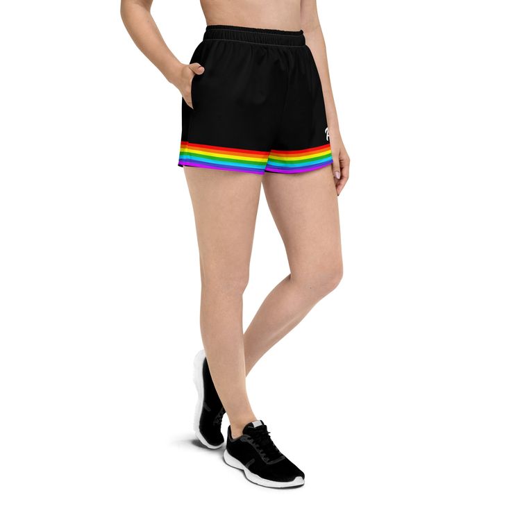 Introducing our Black Rainbow Pride Athletic Shorts, the perfect combination of style and function! Made from a high-quality, lightweight fabric, these shorts are perfect for any athletic activity. The classic tan color is accented with vibrant rainbow stripes, representing inclusivity, diversity, and pride. These shorts are designed for maximum comfort and functionality. They feature an elastic waistband with a drawstring closure, ensuring a secure and comfortable fit for all body types. The fa Sporty Multicolor Gym Bottoms, Sporty Multicolor Moisture-wicking Shorts, Multicolor Athleisure Bottoms For Sports, Sporty Multicolor Sports Shorts, Multicolor Moisture-wicking Bottoms For Training, Multicolor Sporty Athletic Shorts For Sports, Sporty Multicolor Athletic Shorts For Sports, Multicolor Athleisure Athletic Shorts For Workout, Sporty Multicolor Short Activewear