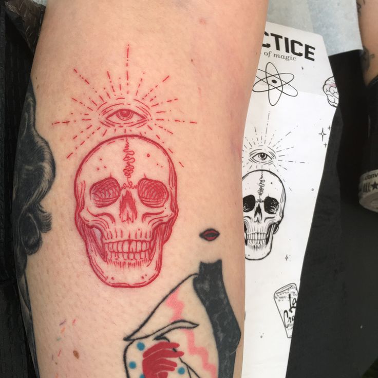 there is a tattoo on the arm of a person with a skull and an eye