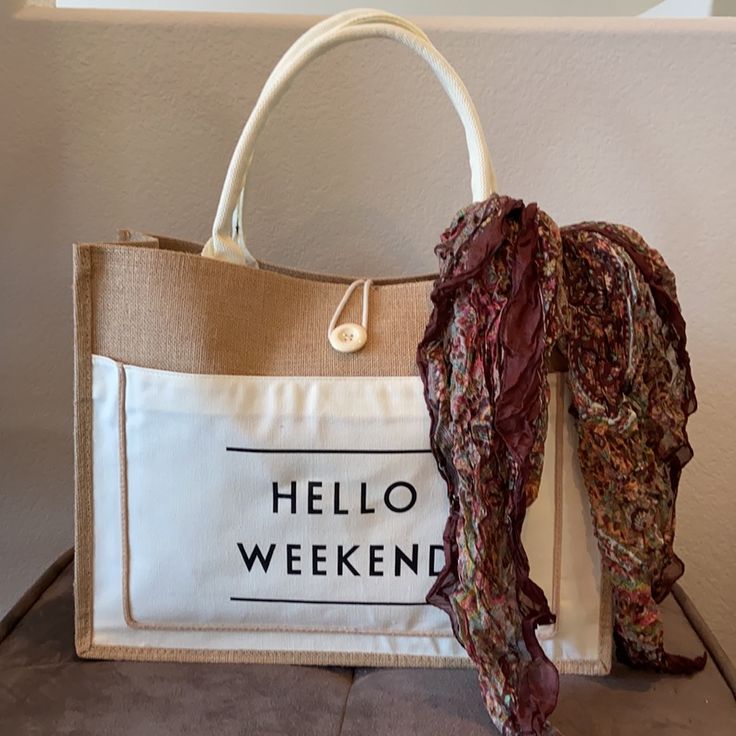 “Hello Weekend”, Lrg Shopping Tote, Nice Durable Perfect For Farmers Market, Side Front Pocket. Measures L 18 W 5 H 14 Chic Bags For Weekend In Spring, Chic Weekend Bags For Spring, Trendy Weekend Bags For Spring, Chic Spring Weekend Bags, Rectangular Bags For Weekend In Spring, Rectangular Bags For Weekend Spring, Rectangular Bags For Spring Weekend, Rectangular Weekend Bag For Spring, Rectangular Spring Weekend Bag