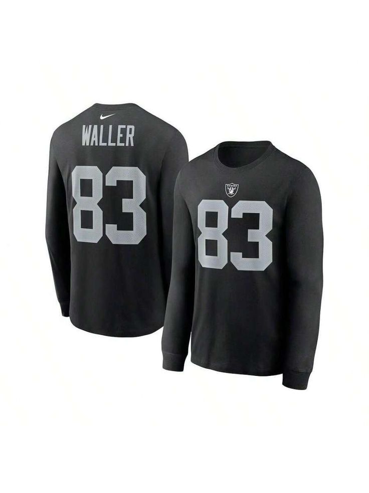 For those whose lives revolve around the Las Vegas Raiders, show off that dedication by sporting this Darren Waller Player Name and Number T-shirt from Nike. The stunning team graphic on the front and your favorite player's name and number on the back help you showcase that not only are you a die-hard fan, but you also can't wait to see Darren Waller take the field. 
Tagless collar 
Officially licensed 
Screen print graphics 
Long sleeve 
Crew neck 
Sports Fan Shop by LIDS 
This item purchased o Cheap Long Sleeve T-shirt For Sports Fans, Black Long Sleeve Fan Gear T-shirt, Long Sleeve Graphic T-shirt For Sports Fans, Long Sleeve Graphic Print T-shirt For Sports Fans, Raiders Jersey, Raiders Players, Boyfriend Style, Outdoor Men, Sports Tees