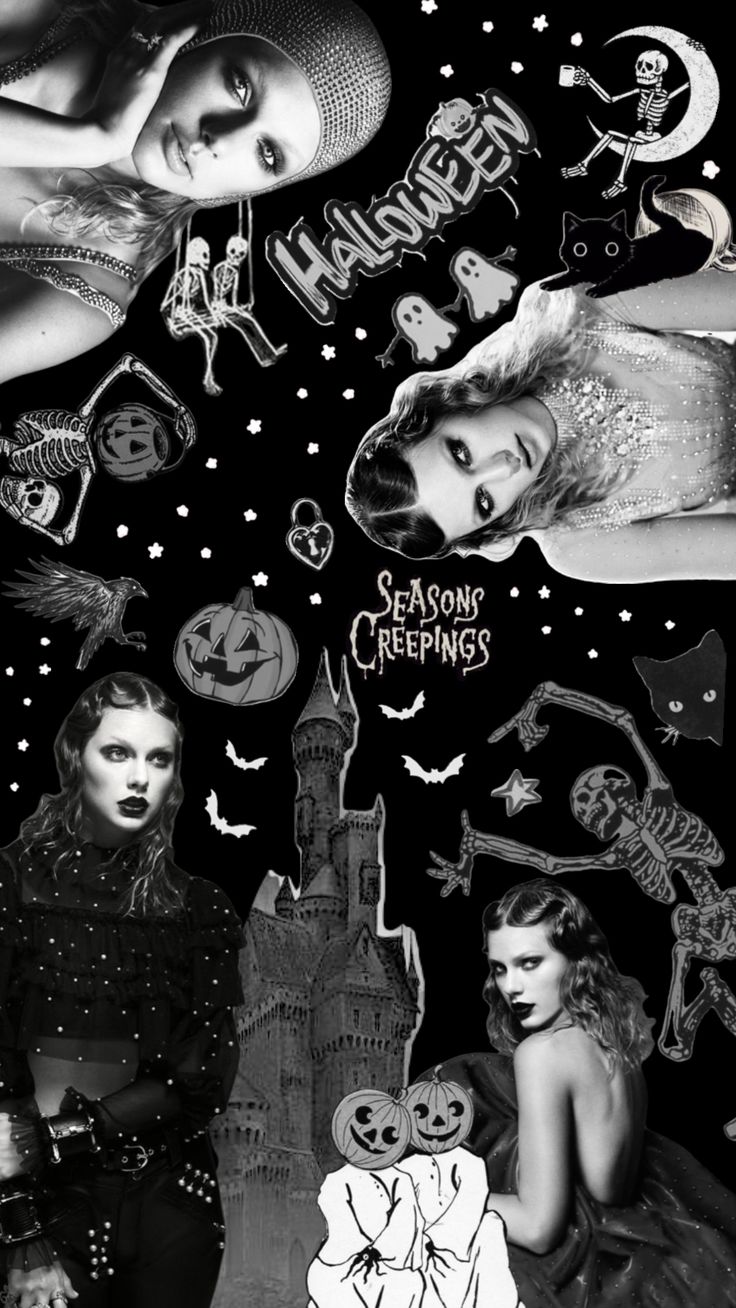 black and white collage with halloween images in the background, including two women dressed as witches