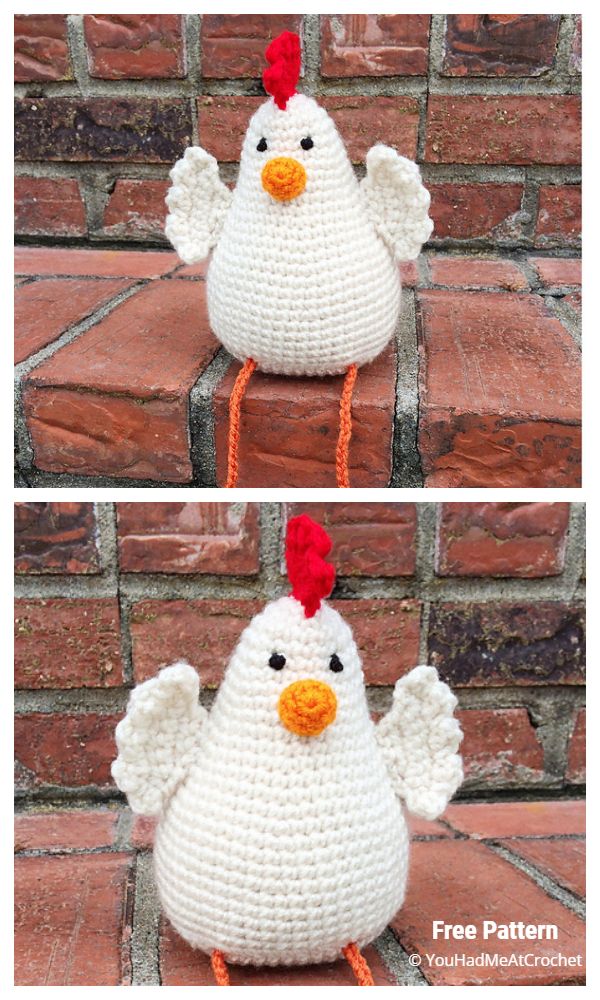 crocheted chicken stuffed animal sitting on brick wall