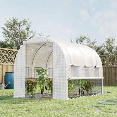 a white greenhouse with plants growing in it