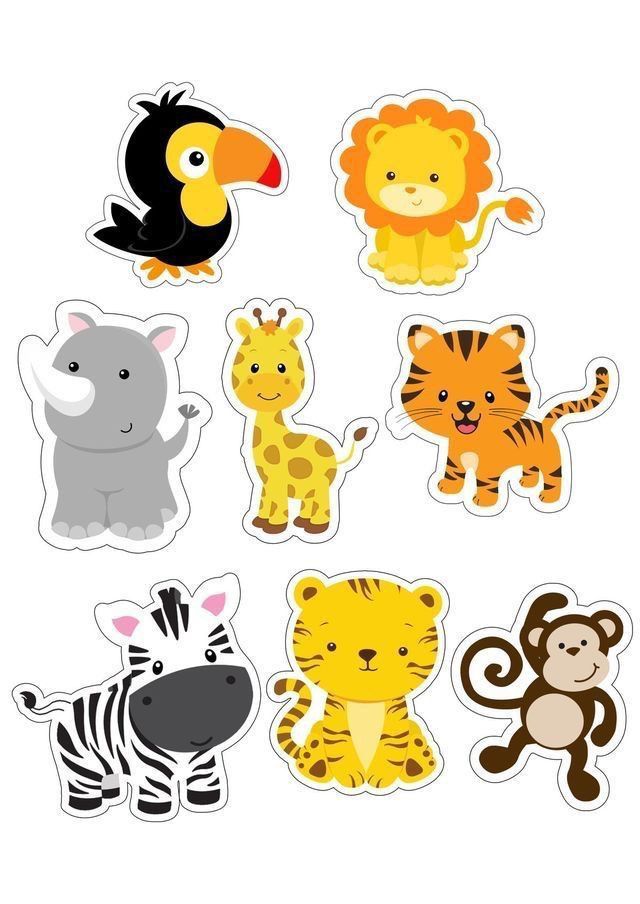 various animal stickers are shown on a white background, including an elephant, zebra, monkey and giraffe