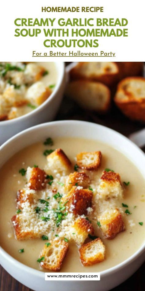 creamy garlic bread soup with homemade croutons