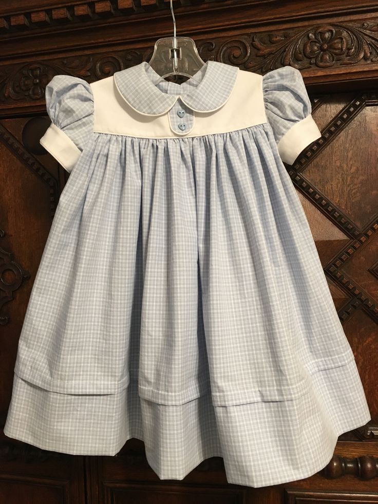 A Collars, etc. pattern “Yoke Dresses I” in a Spechler-Vogel blue/white glen plaid and white pique.  Size 2 Vintage Childrens Clothing, Girls Dresses Diy, Yoke Dress, Kids Dress Wear, Dress Collar, Baby Dress Design, Girl Dress Patterns