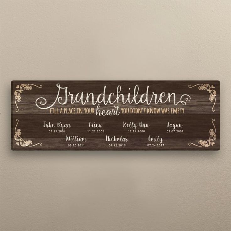 a wooden sign that says grandchilden and features the names of each family member