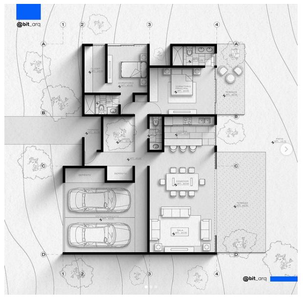 the floor plan for a house with three levels and four rooms, all in black and white