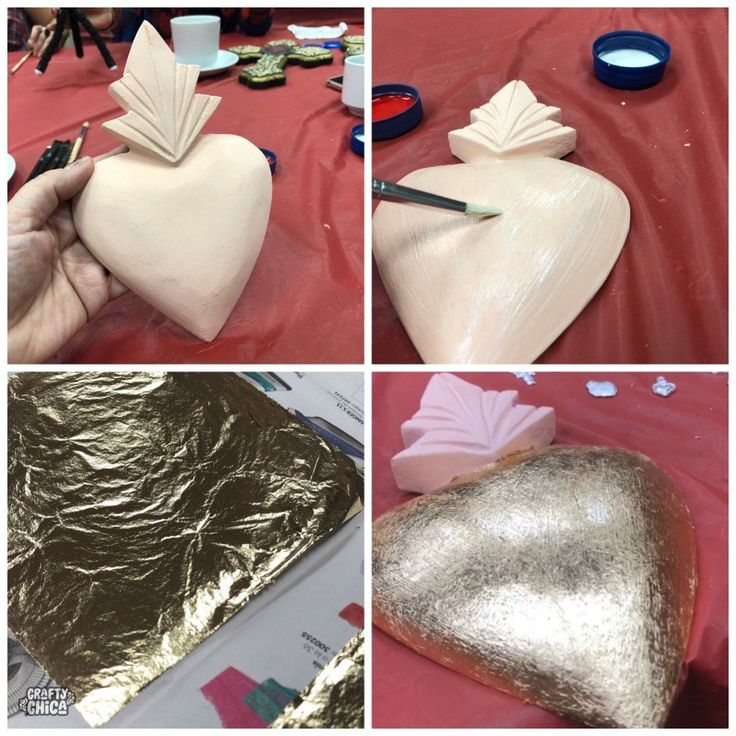 the process of making heart shaped vases is being made with gold foil and other materials