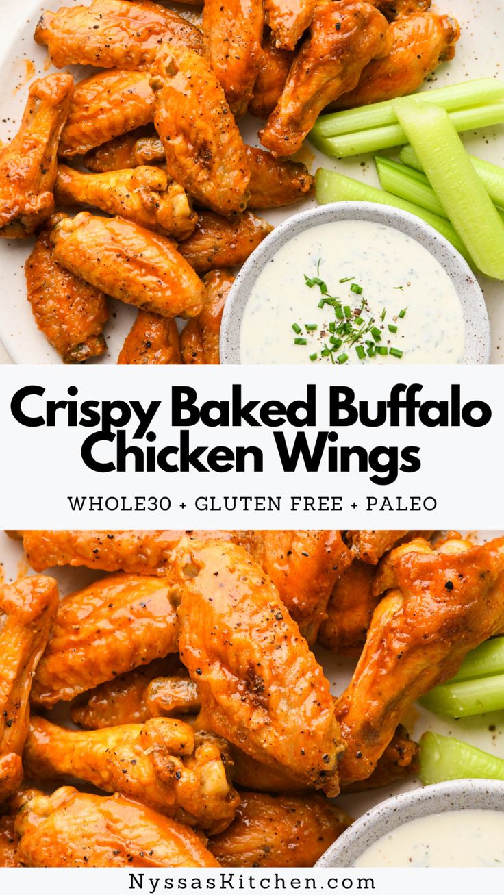 crispy baked buffalo chicken wings with ranch dip and celery on the side