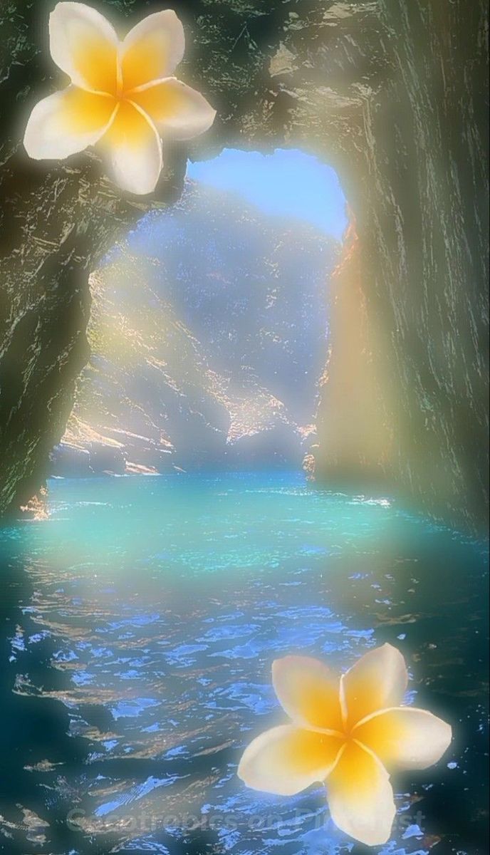 two yellow flowers floating in the water next to rocks and trees with blue sky behind them