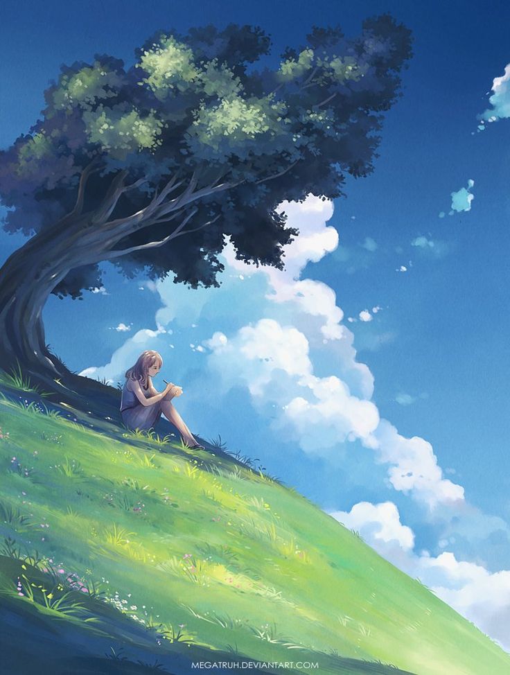 a woman sitting under a tree on top of a green hill next to a blue sky