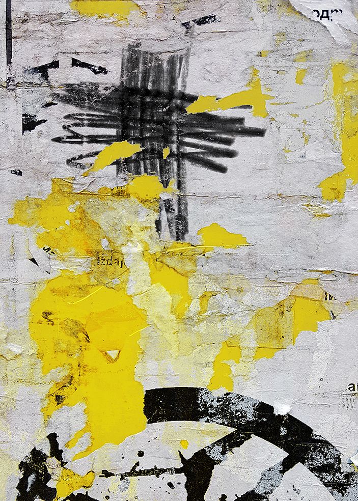 an abstract painting with yellow, black and white paint on it's paper texture