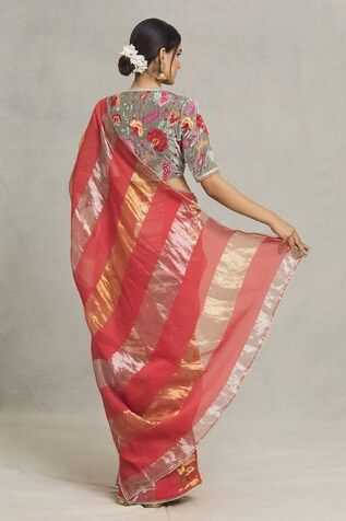 Red chanderi saree with gold, silver broad stripe woven motifs and scallop embellished lace border. - Aza Fashions Red Cotton Silk Pre-draped Saree For Wedding, Red Cotton Silk Pre-draped Saree With Dupatta, Festive Red Cotton Silk Pre-draped Saree, Red Tissue Silk Blouse Piece With Cutdana, Red Cotton Silk Pre-draped Saree For Designer Wear, Red Blouse Piece With Sheer Dupatta For Transitional Season, Red Tissue Silk Pre-draped Saree For Diwali, Red Tissue Silk Blouse Piece For Navratri, Red Tissue Silk Saree With Sheer Dupatta