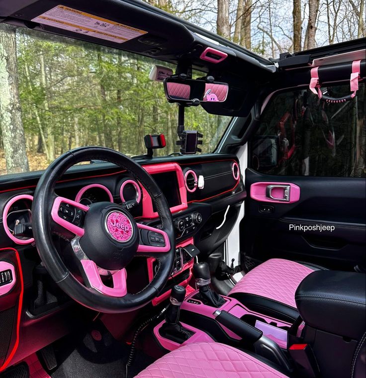 Pink jeep wrangler interior Jeeps Wrangler Aesthetic, Cool Jeeps Wrangler Interior, Jeep Wrangler Decorations Interior, Colorful Jeep Wrangler, Cute Jeep Interior, Pink Jeep Wrangler Aesthetic, Girly Jeep Gladiator, Jeep Wrangler Pink Interior, Jeep Wrangler Customized