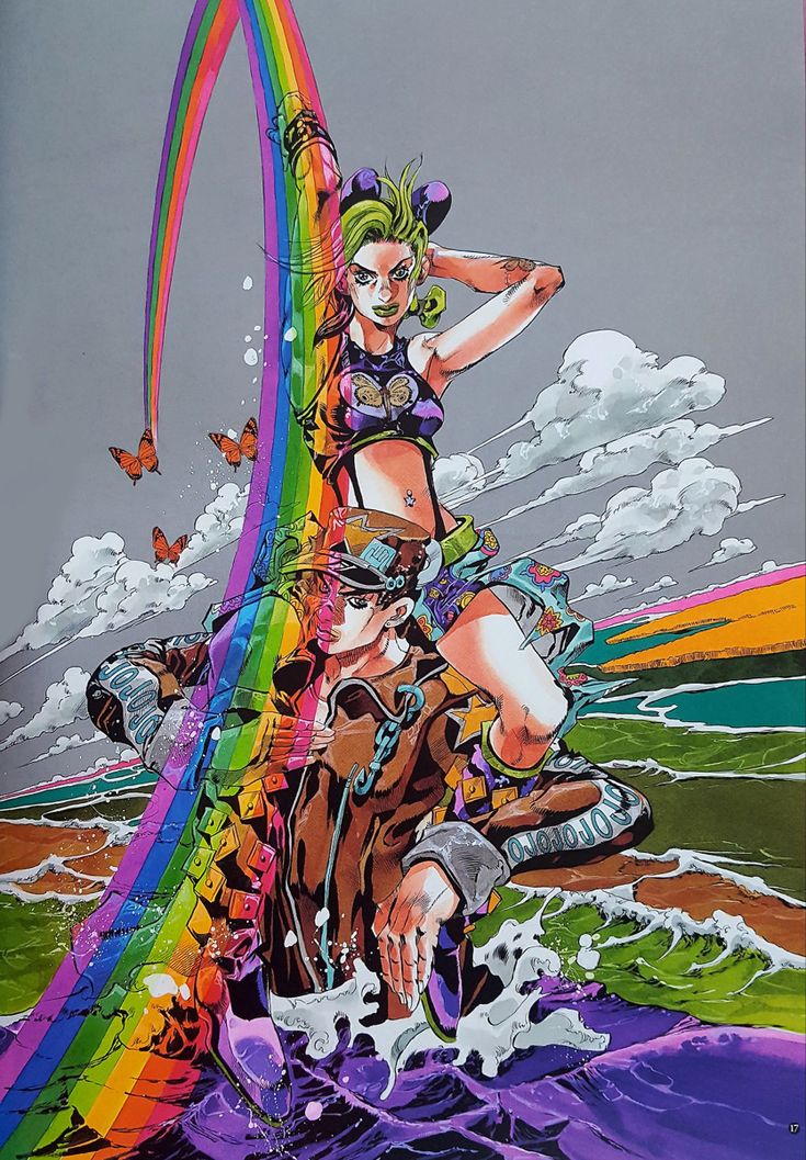 a painting of a woman holding a rainbow streamer in her hand and standing on the edge of a body of water