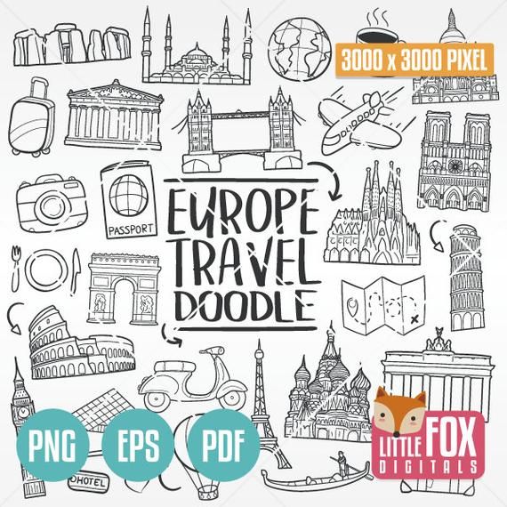 the european travel doodle is shown in black and white