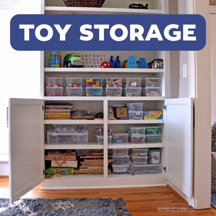 a toy storage unit with plastic bins and toys