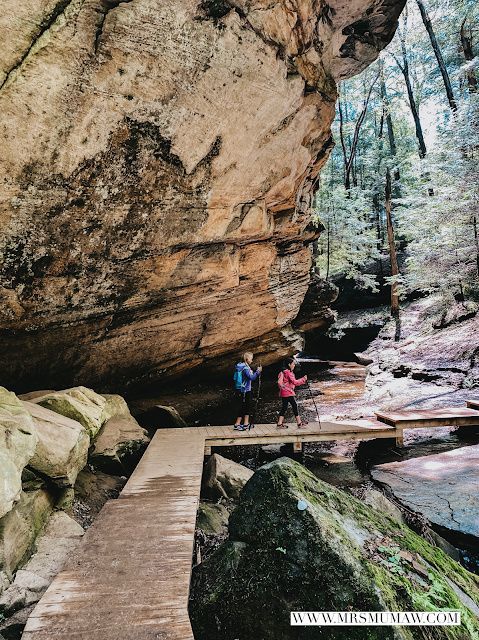 two people standing on a wooden bridge over a stream in the woods next to large rocks