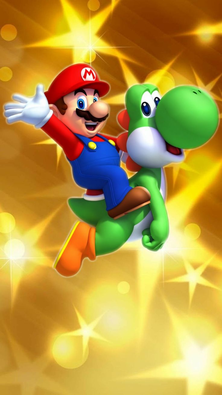 an image of mario and yoshi in the air with gold sparkles behind them