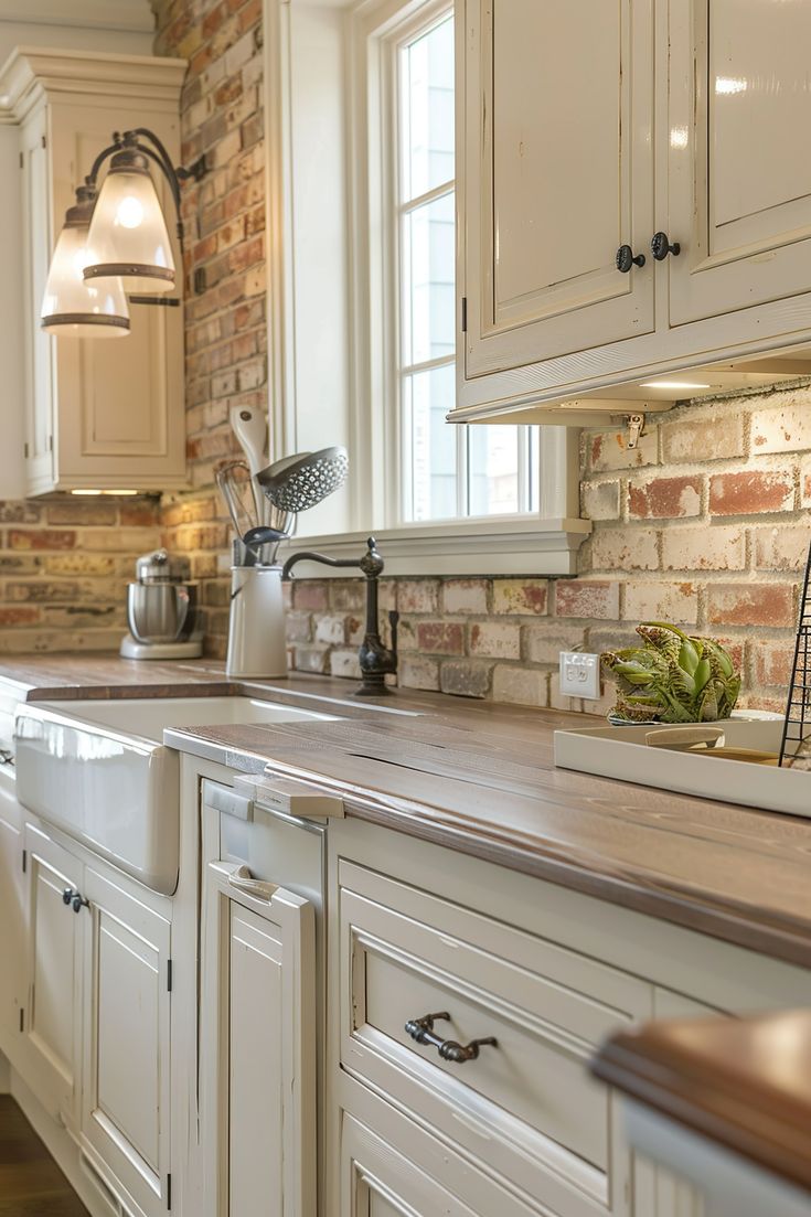 a kitchen with white cabinets and brick wall behind the countertop, along with an oven