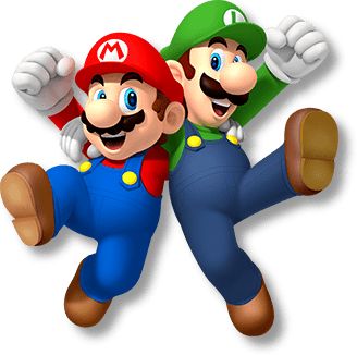 mario and luigi are dancing in front of the nintendo logo on a white background with red lettering