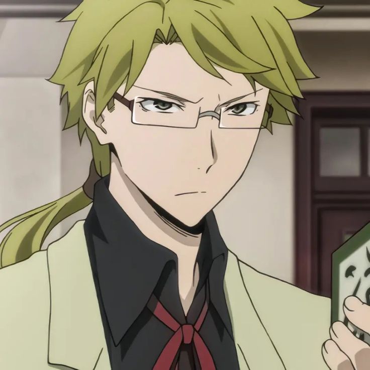 an anime character with glasses holding a cell phone