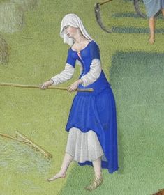 a painting of a woman in blue dress holding a stick and looking at something on the ground