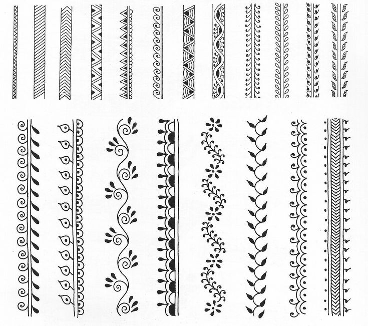 some different types of decorative designs on white paper with black and white lines in the middle