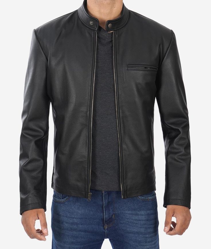 Black Snap Button Collar Cowhide Jacket Mens Mens Biker Style, Black Cafe Racer, Cafe Racer Leather Jacket, Stylish Leather Jacket, Cafe Racer Jacket, Biker Leather Jacket, Racer Jacket, Biker Leather, Mens Black Leather