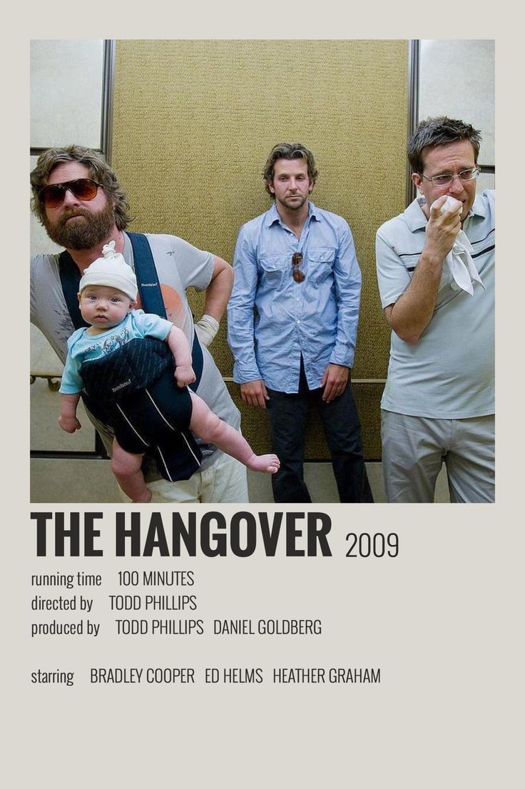 the hangover movie poster with three men standing in front of him and one holding a baby