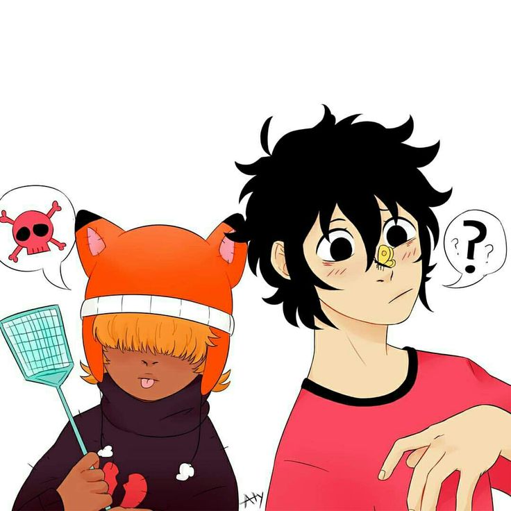 two anime characters one is holding a badminton racket and the other has an orange cat on his head