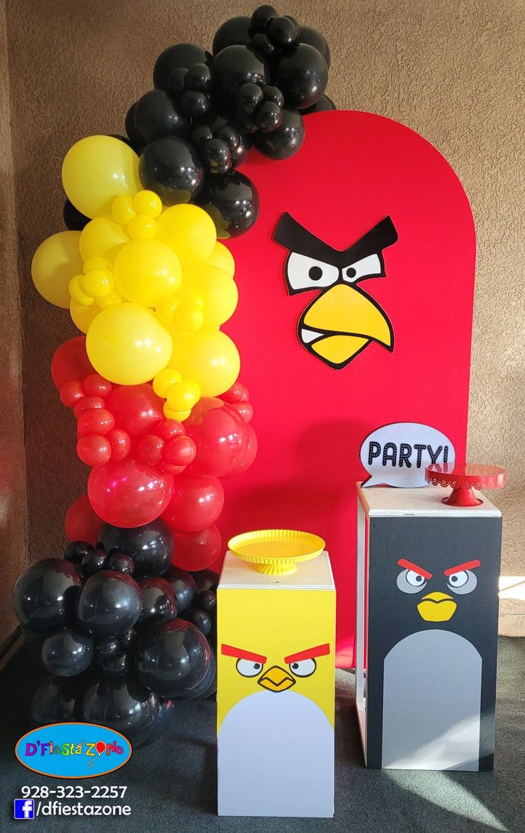 an angry bird themed party with balloons