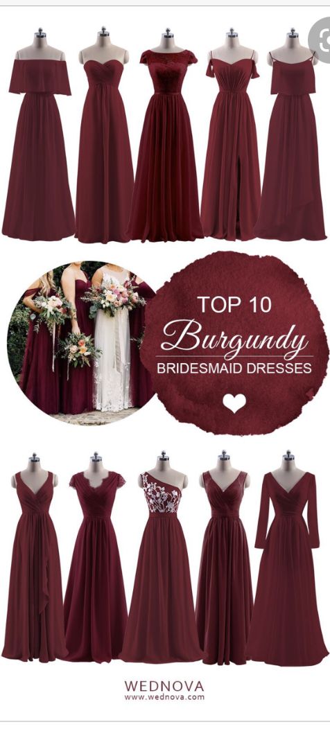 the top 10 burgundy bridesmaid dresses in different styles and colors, including one for each