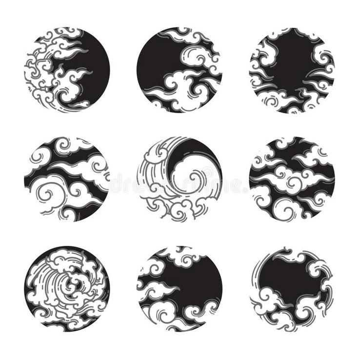 six black and white circular designs in the form of waves on a white background stock photo