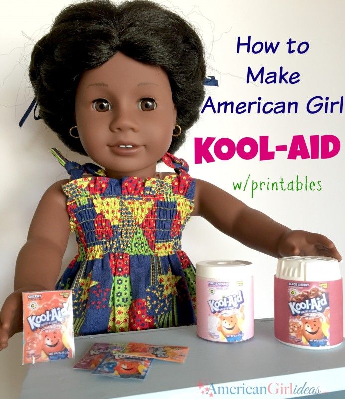 an american girl doll next to kool aid packets