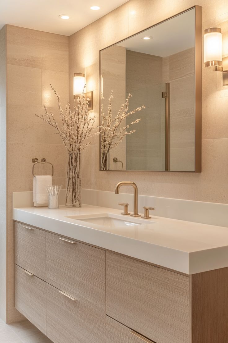 a bathroom with two sinks and a large mirror