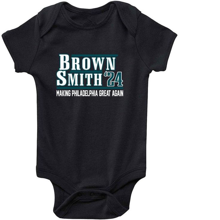 Philadelphia Eagles Aj Brown Devonta Smith 24 Baby Black Short Sleeve Onesie For Playwear, Black Casual Onesie With Graphic Print, Fitted Black Onesie With Name Print, Black Short Sleeve Onesie With Letter Print, Black Fitted Short Sleeve Onesie, Black Onesie With Graphic Print For Playtime, Black Graphic Print Onesie For Playtime, Aj Brown, Kids Softball