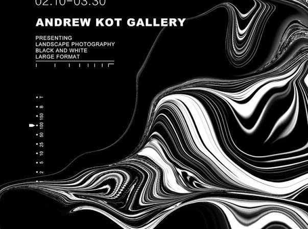 an abstract black and white poster with the words, andrew kot gallery on it