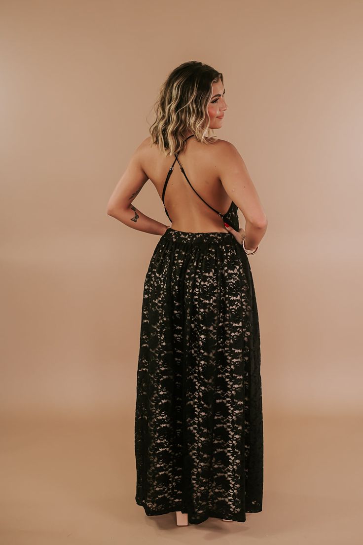 Get ready to turn heads with our Exclusive Layla Lace Maxi Dress! Featuring a beautiful, delicate lace design, this dress will make you feel confident and stylish. Available in 3 stunning colors. Lace maxi dress ECB Exclusive Maxi Fully lined Deep V-neck Spaghetti straps Open back 2 front slits Flowy fit Measurements: XS: Bust: 31” | Waist: 25” | Skirt Length: 42 1/2” | Dress Length: 50 1/2” | Strap Length: 22” S: Bust: 33” | Waist: 27” | Skirt Length: 42 3/4” | Dress Length: 51” | Strap Length: Fitted Backless Maxi Dress With Lace Trim, Backless Dresses With Lace Trim For Prom, Backless Lace Trim Dresses For Prom, Backless Lace Trim Prom Dresses, Backless Prom Dresses With Lace Trim, Maxi Length Evening Dress With Lace Back For Prom, Elegant Maxi Dress With Lace Back, Gala Lace Maxi Dress With Lace Bodice, Chic Lace Maxi Dress For Gala