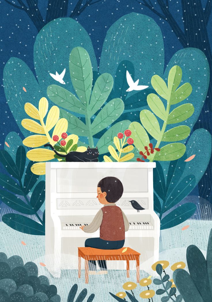 a person sitting on top of a piano in front of plants and birds flying around