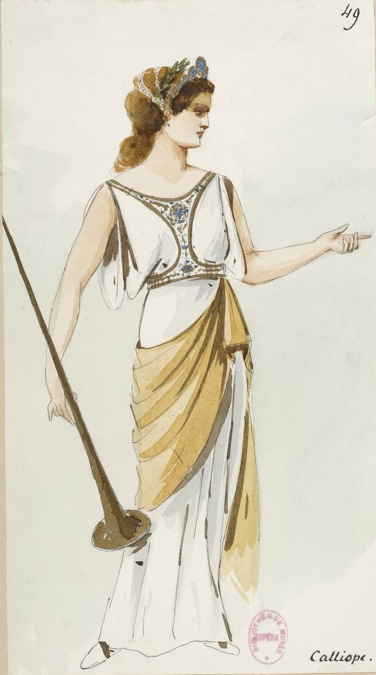 a drawing of a woman in ancient greek dress holding a staff and wearing a headdress