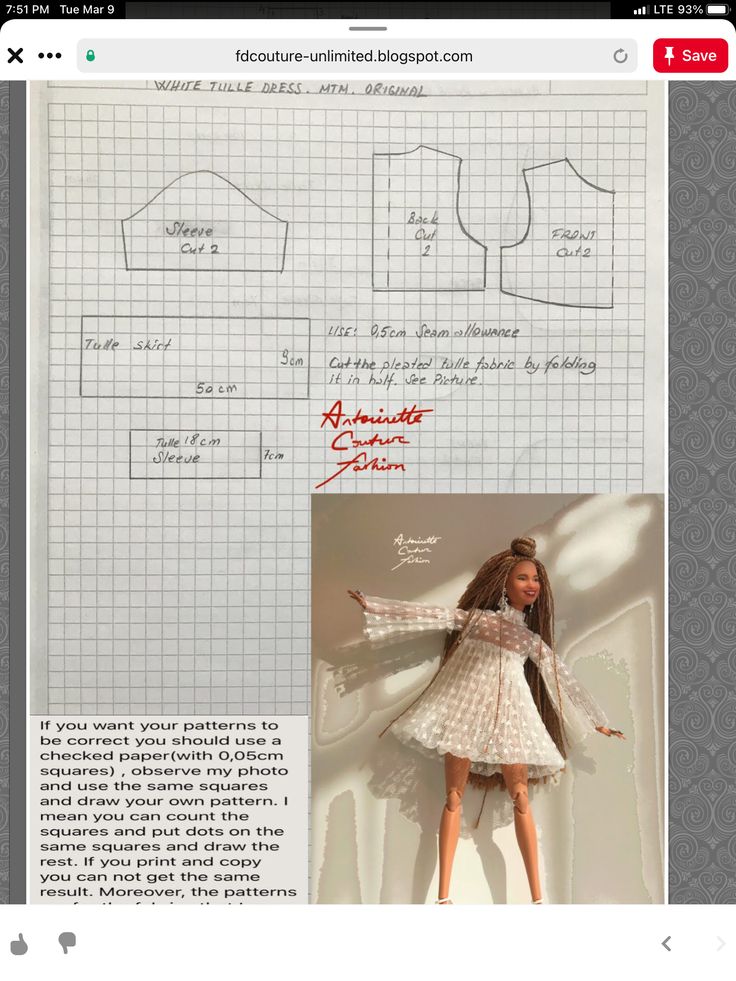 the pattern for a doll's dress is shown