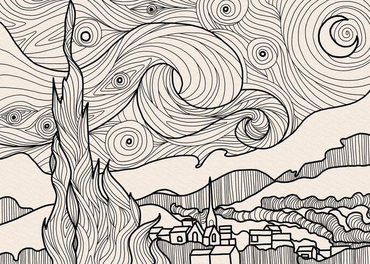 a black and white drawing of a tree with swirls in the sky above it