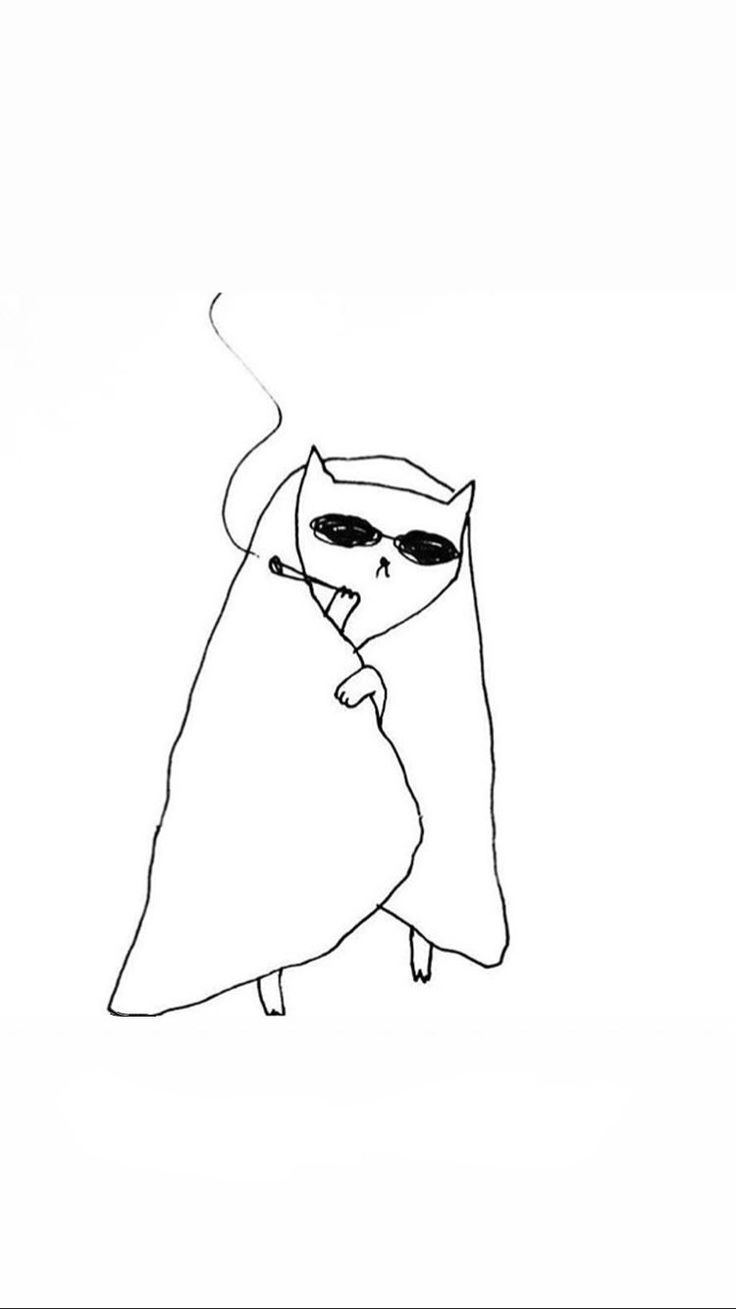 a black and white drawing of a cat with sunglasses on it's head wearing a cape