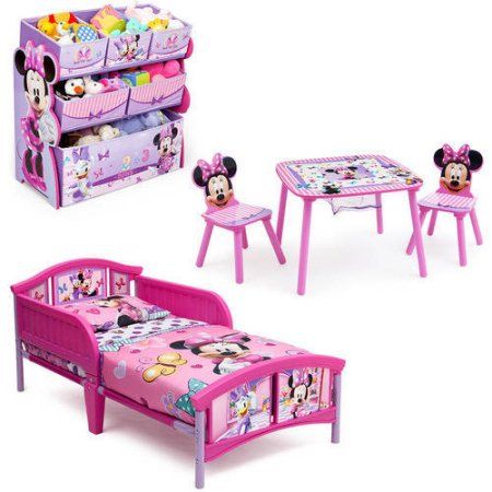 minnie mouse bedroom furniture set with table, chair and bed for kids to play in