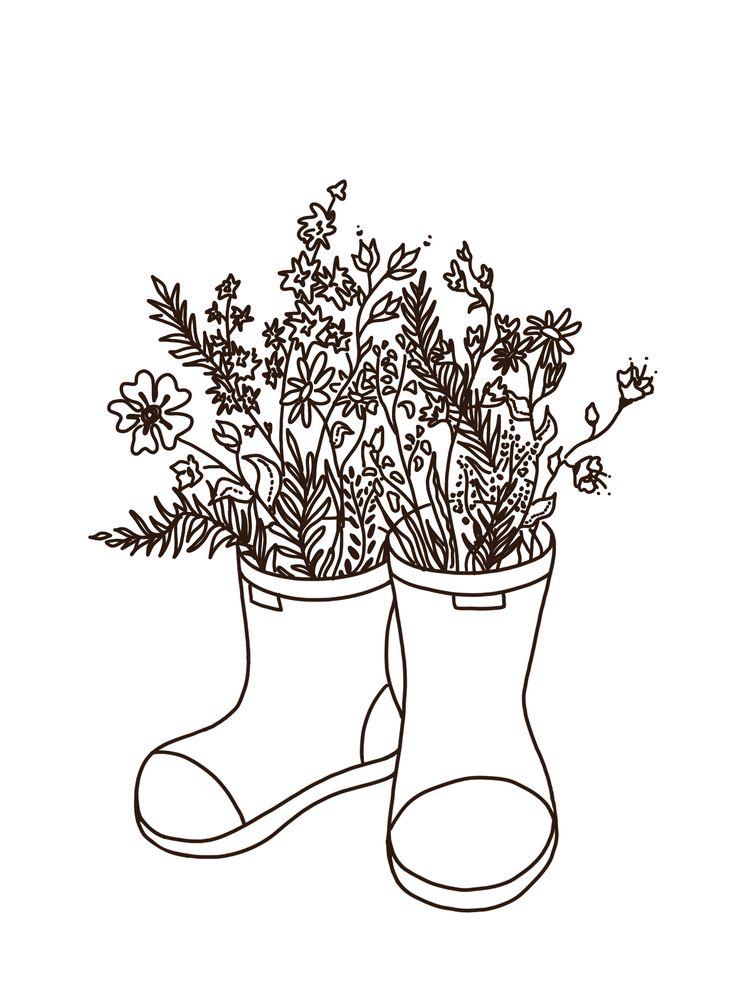 a pair of rubber boots with flowers in them on a white background coloring book page