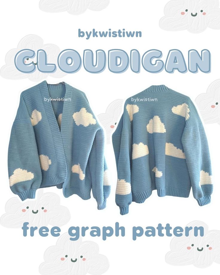 two sweaters with clouds on them and the text cloudigan free graph pattern below